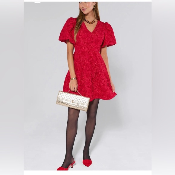 NWT Russa May Floral Jacquard Tiered Mini Sugar Lips Small Red Brocade Dress - Picture 3 of 5